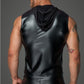 Noir Power Wetlook Sleeveless Hooded Shirt w 2 Way Zipper Size S, M, L or XL