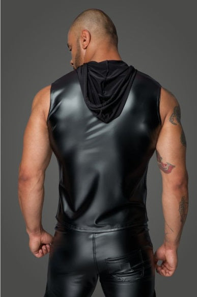 Noir Power Wetlook Sleeveless Hooded Shirt w 2 Way Zipper Size S, M, L or XL