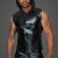 Noir Power Wetlook Sleeveless Hooded Shirt w 2 Way Zipper Size S, M, L or XL