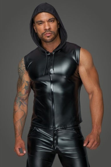 Noir Power Wetlook Sleeveless Hooded Shirt w 2 Way Zipper Size S, M, L or XL