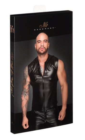 Noir Power Wetlook Sleeveless Hooded Shirt w 2 Way Zipper Size S, M, L or XL