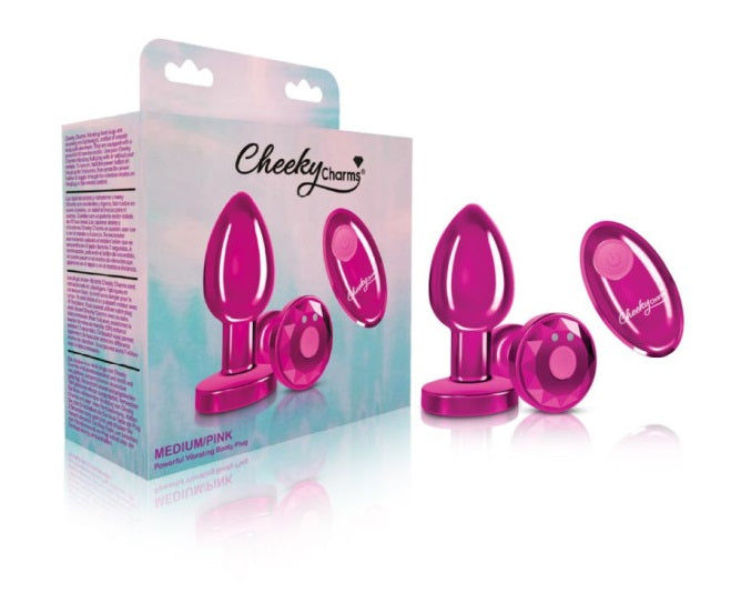 Cheeky Charms Pink Rechargeable Vibrating Metal Butt Plug w Remote Medium