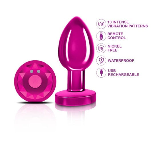 Cheeky Charms Pink Rechargeable Vibrating Metal Butt Plug w Remote Medium