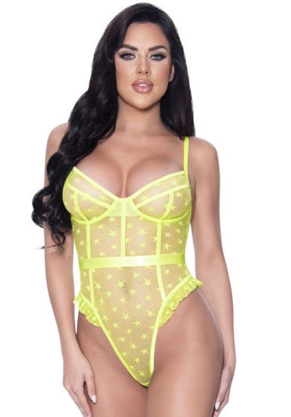 Magic Silk Exposed Lingerie High Leg Star Teddy Lime Size S/M or L/XL or Q