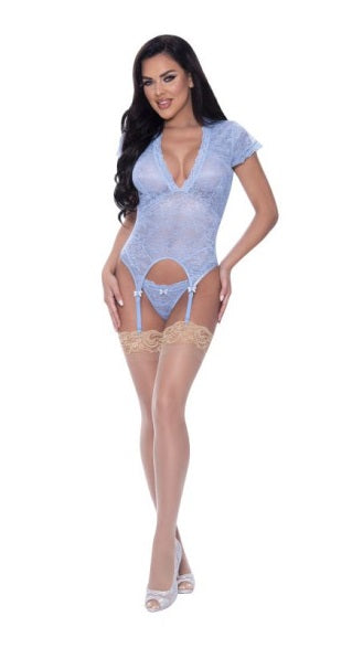 Magic Silk Exposed Lingerie Cap Sleeve Basque and Thong Set Blue Size S/M or L/XL or Q