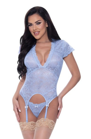 Magic Silk Exposed Lingerie Cap Sleeve Basque and Thong Set Blue Size S/M or L/XL or Q