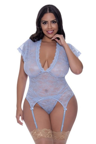 Magic Silk Exposed Lingerie Cap Sleeve Basque and Thong Set Blue Size S/M or L/XL or Q