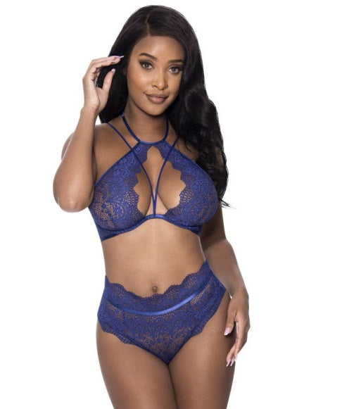 Magic Silk Exposed Lingerie Halter and Lace Up Panty Set Blue - S/M or L/XL