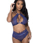 Magic Silk Exposed Lingerie Halter and Lace Up Panty Set Blue Size S/M or L/XL