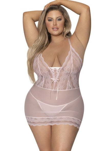 Magic Silk Exposed Lingerie Lace Chemise and G-String Blush Size S/M or L/XL or Q