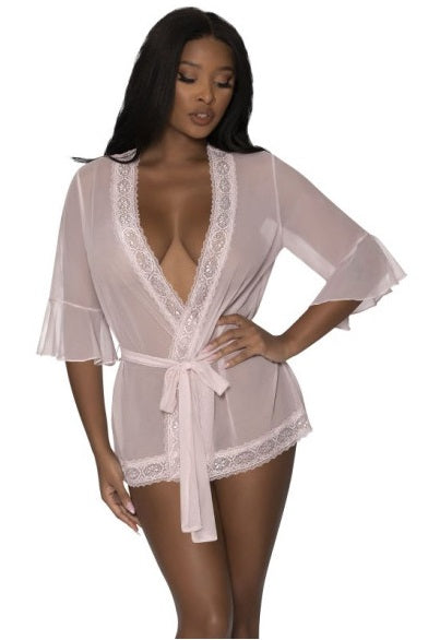 Magic Silk Exposed Lingerie Robe with Lace Trim Blush Size S/M or L/XL