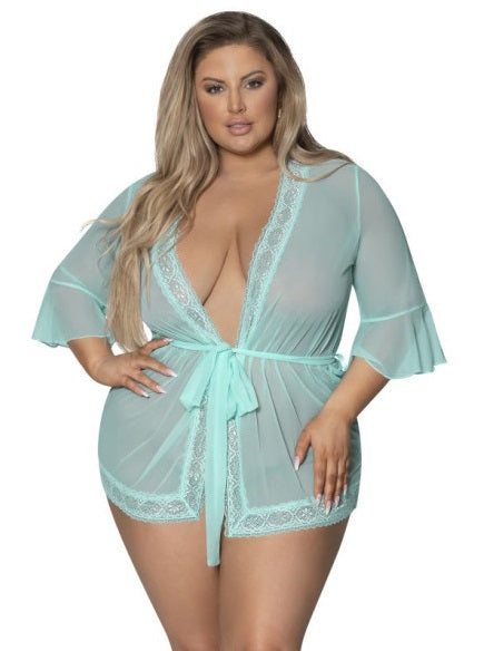 Magic Silk Exposed Lingerie Robe with Lace Trim Turquoise Size S/M or L/XL