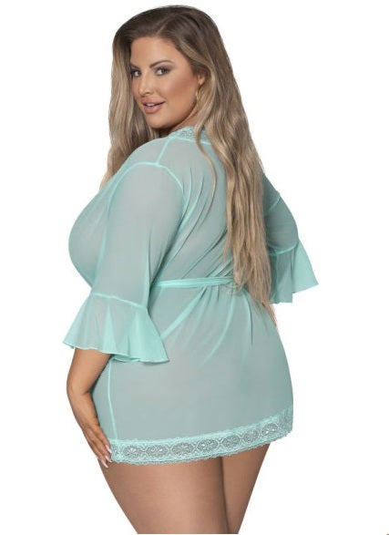 Magic Silk Exposed Lingerie Robe with Lace Trim Turquoise Size S/M or L/XL