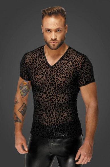 Noir Leopard Flock V-Neck T-Shirt Size S, M, L or XL