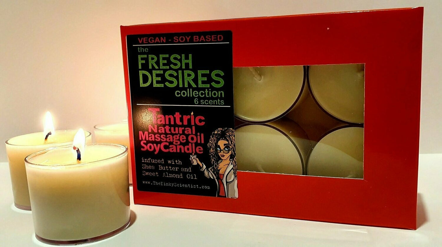 The Kinky Scientist | The Fresh Desires Collection Tantric Natural Massage Oil Soy Candle Spa - 6 Pack