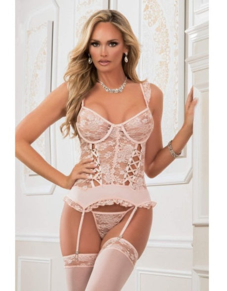 GWorld Lace up Garter Corset w Thong and Stockings 3 Pc Pink Champagne Size OS