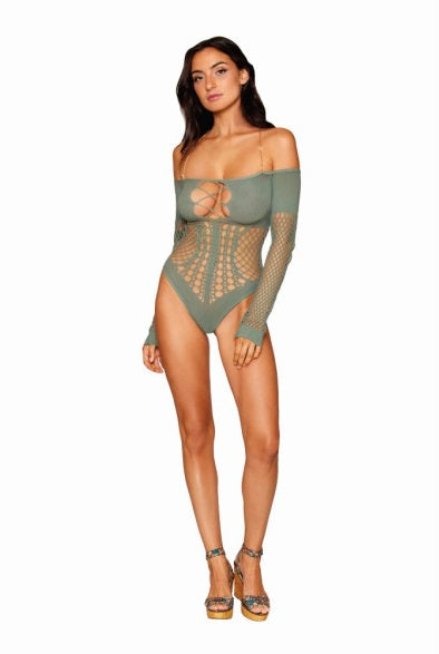 Dreamgirl Seamless Long Sleeve Teddy with Removeable Gold Halter Chain Sage Size OS