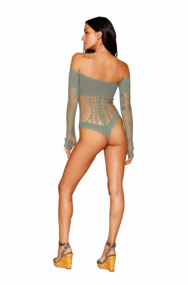 Dreamgirl Seamless Long Sleeve Teddy with Removeable Gold Halter Chain Sage Size OS