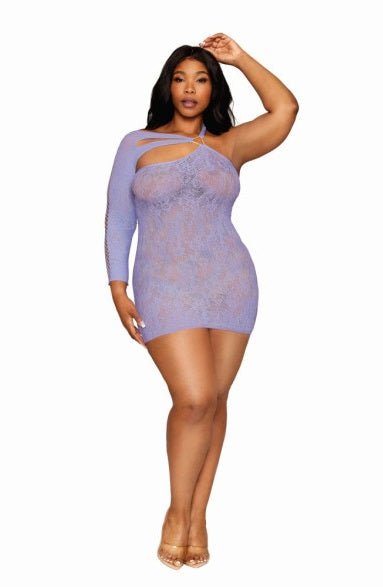 Dreamgirl Seamless Asymmetrical Chemise with Lace Pattern and Knitted Crisscross Details Lavender Size OS