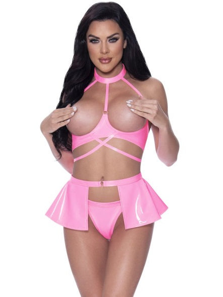 Magic Silk Exposed Wet Look Halter Bra, Skirt and Thong Set Pink - Size S/M or L/XL