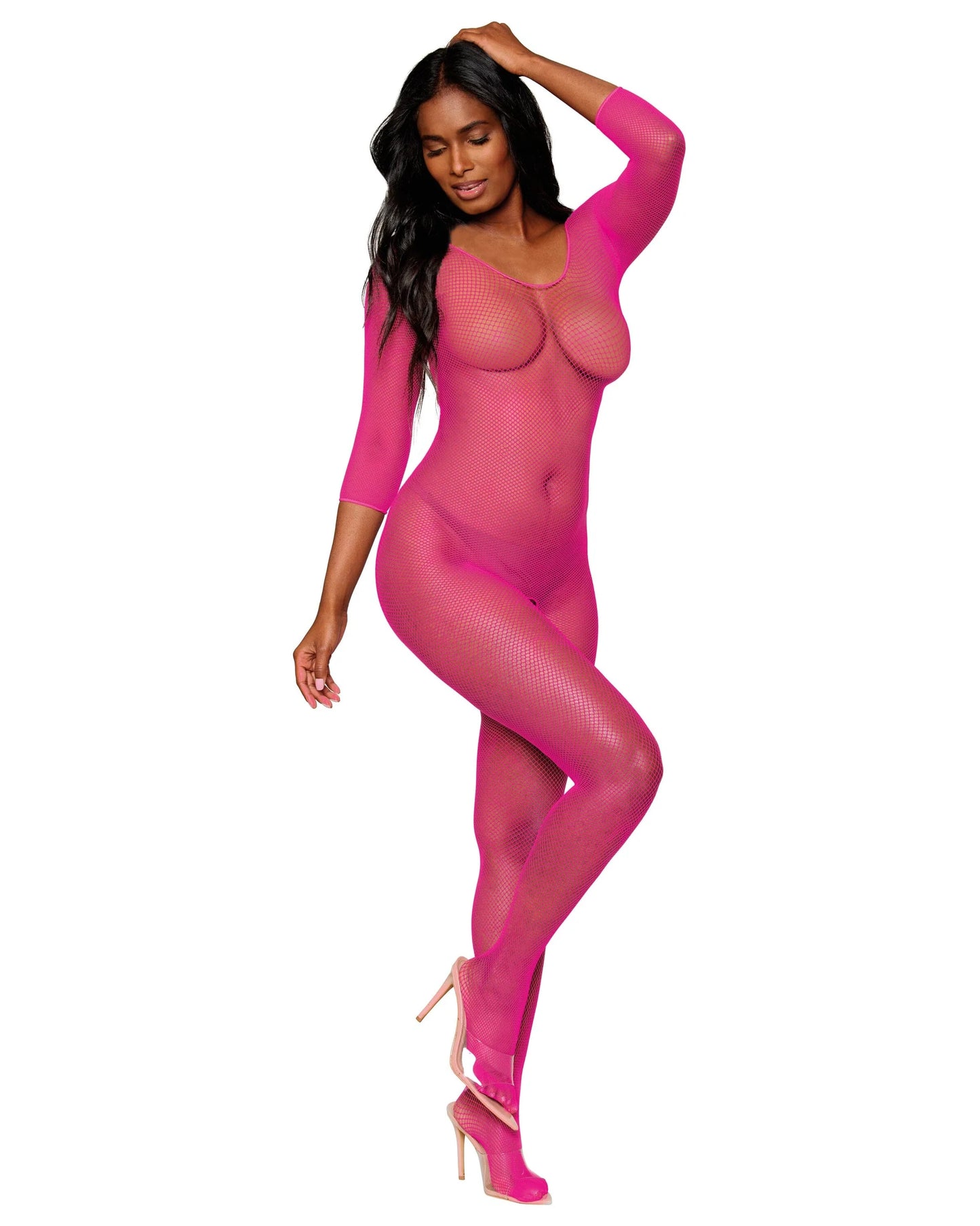 Dreamgirl Fishnet Open Crotch Bodystocking Neon Pink Size OS