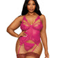 Dreamgirl Floral Lace and Mesh Bustier and G-string Set Beet Size OSX