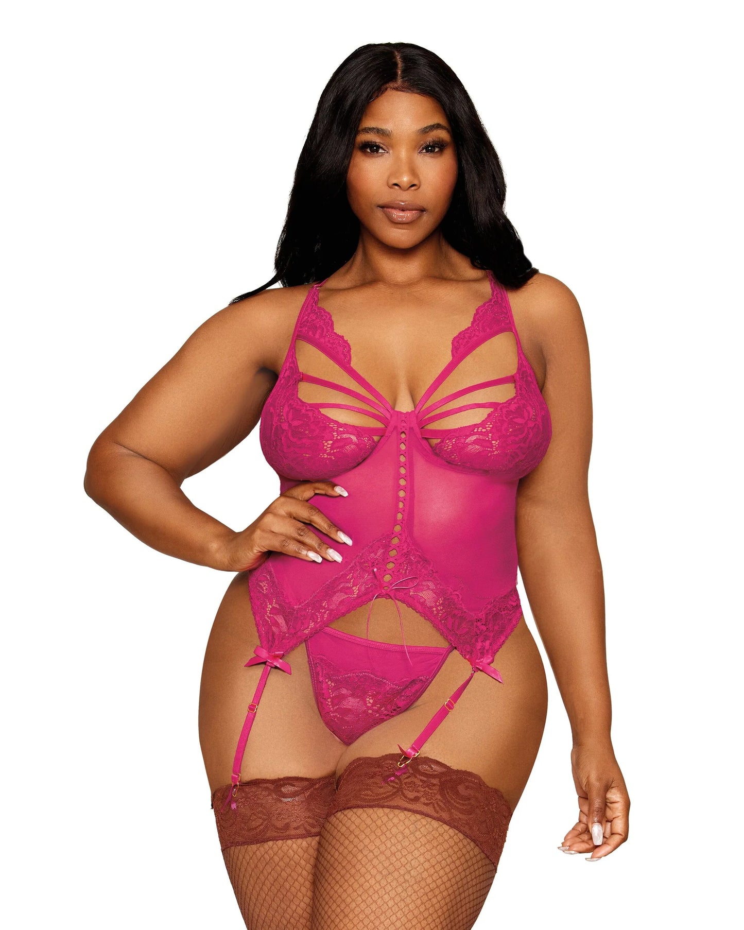 Dreamgirl Floral Lace and Mesh Bustier and G-string Set Beet Size OSX