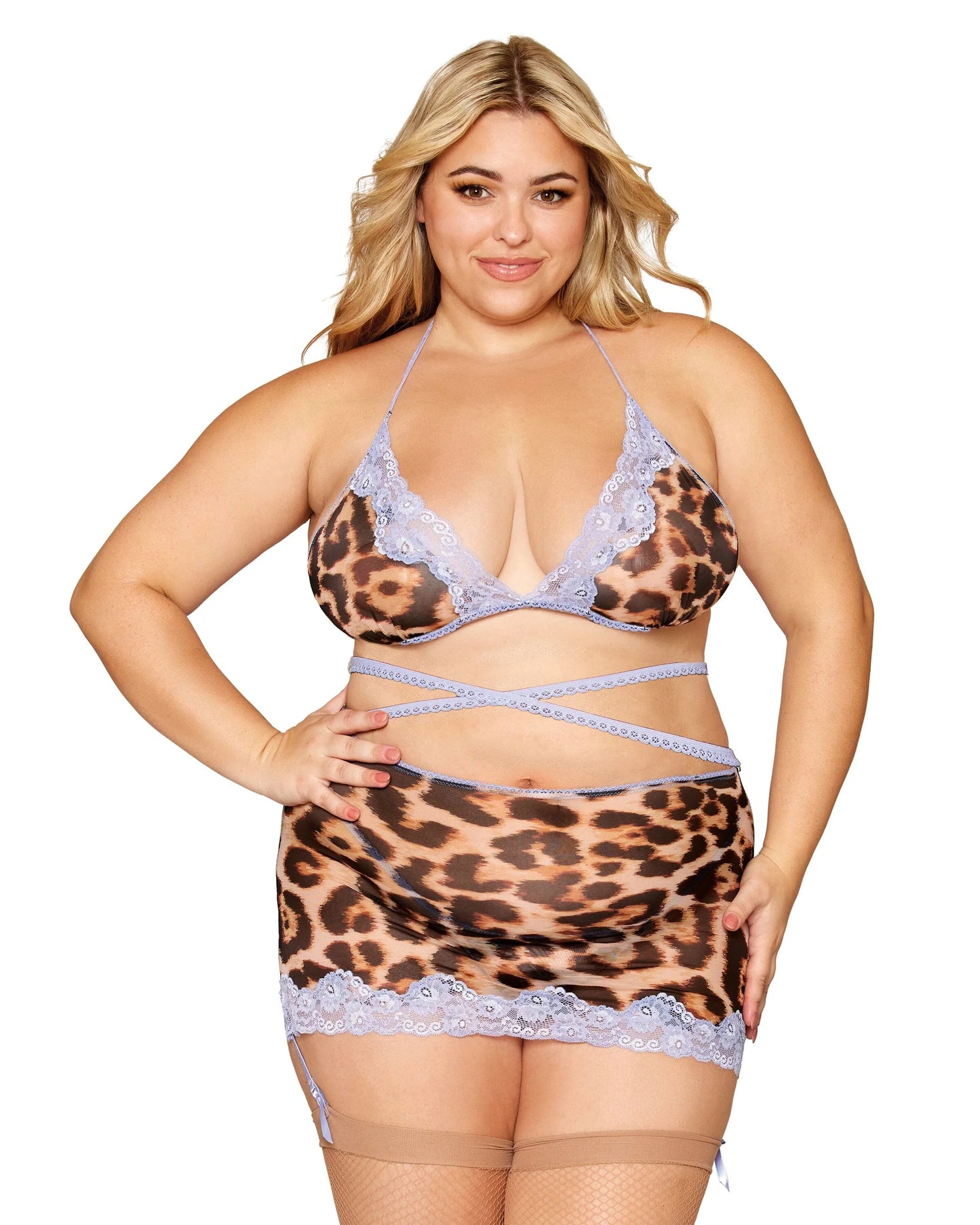 Dreamgirl Leopard Printed Mesh with Contrast Scalloped Lace Bralette, Garter Skirt, and G-string Set Size OSQ