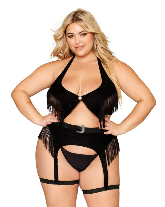 Dreamgirl Plus Size Western-Themed Faux-Leather Bralette and Garter Belt Bedroom Costume Set with Fringe Details Ride 'Em Cowgirl Size OSX