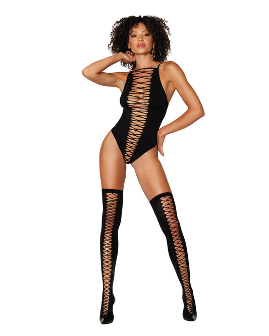 Dreamgirl Women's Opaque Seamless Criss-Cross Teddy and Matching Stockings Set Black Size OS