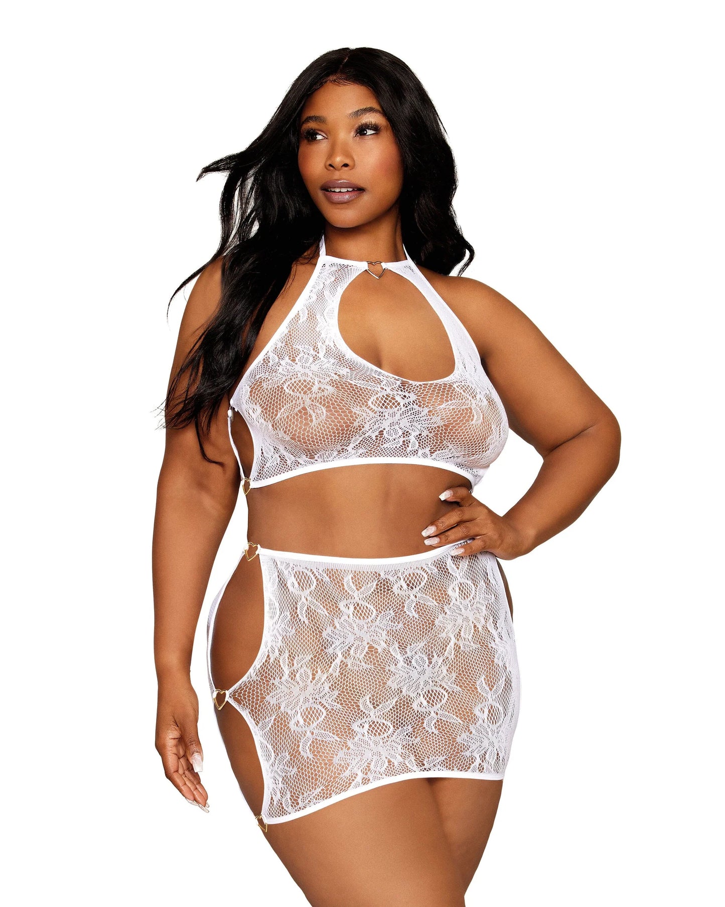 Dreamgirl Plus Size Seamless Lace Bralette and Mini-Skirt Set with Gold-Heart Details Size OSQ