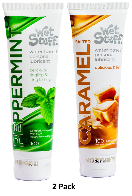 Wet Stuff Water Based Edible Flavoured Lube Lubricant (Peppermint/Salted Caramel) 2x100g - 2 Value Pack II