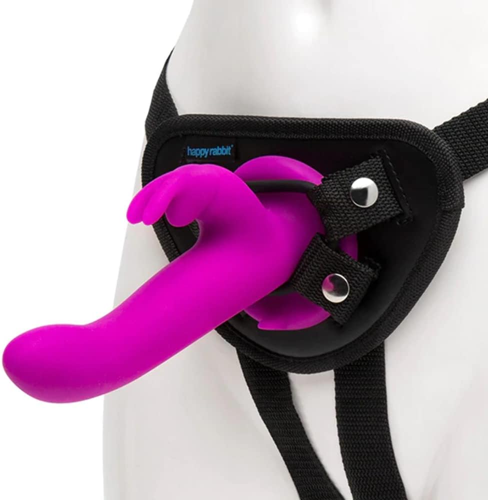 Love Honey Happy Rabbit Rechargeable Vibrating Strap on Harness Set Kit Purple