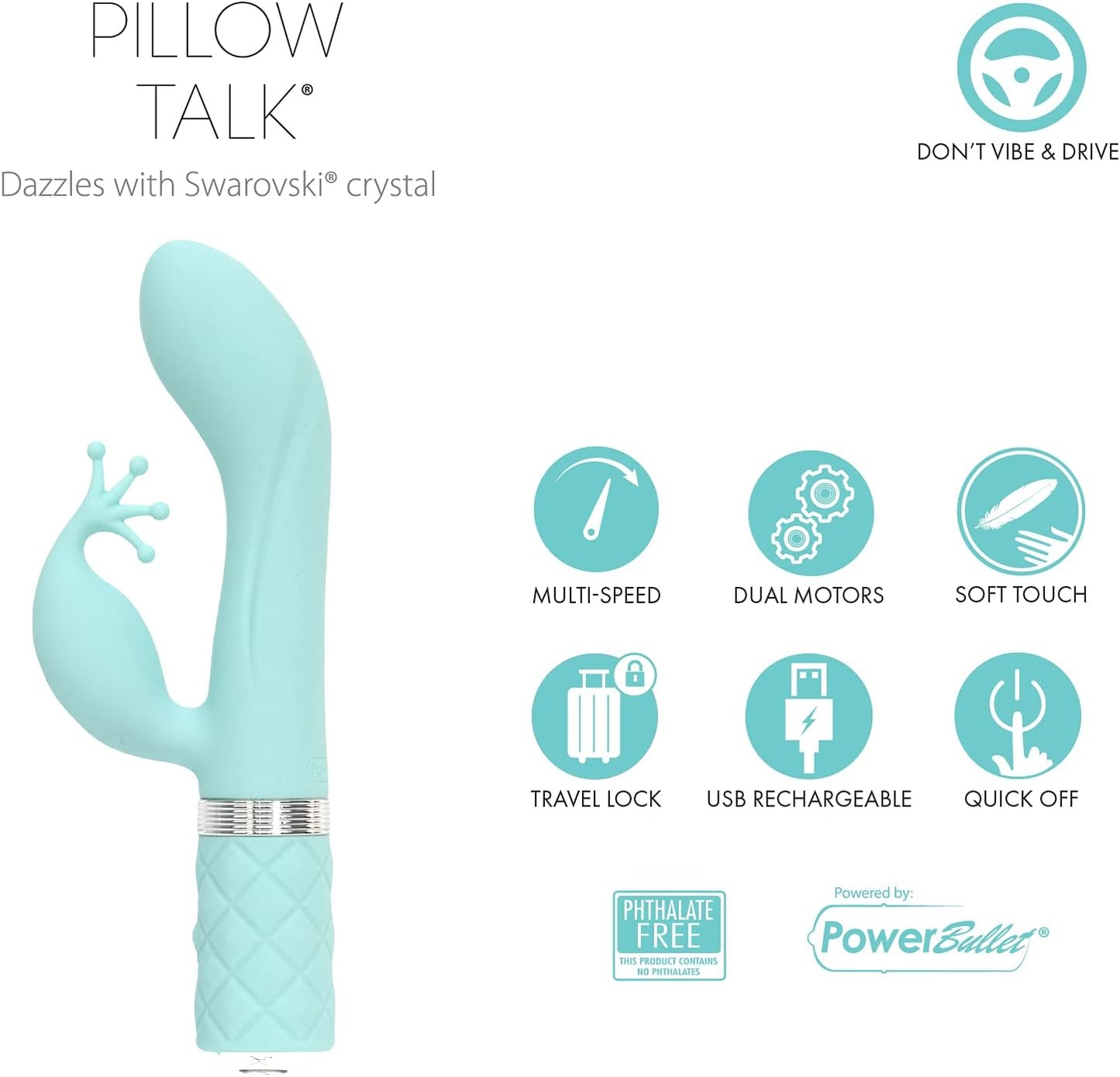 Pillow Talk Kinky Dual Massager Rabbit Vibrator w Swarovski Crystal Button Teal