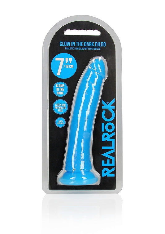 Shots Toys | REALROCK 18cm Slim Glow in the Dark Neon Blue 7" Dildo Dong