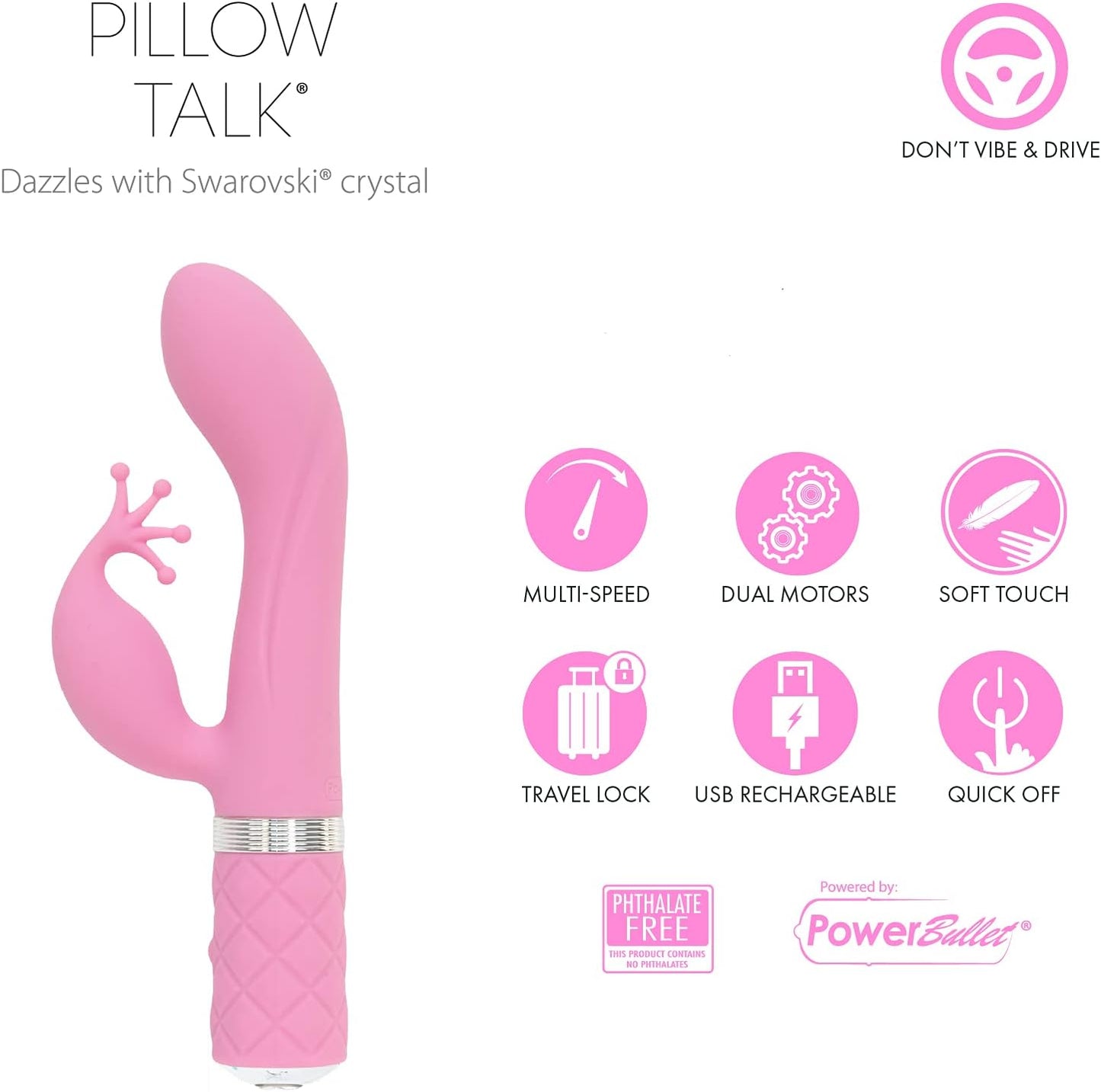 Pillow Talk Kinky Dual Massager Rabbit Vibrator w Swarovski Crystal Button Pink