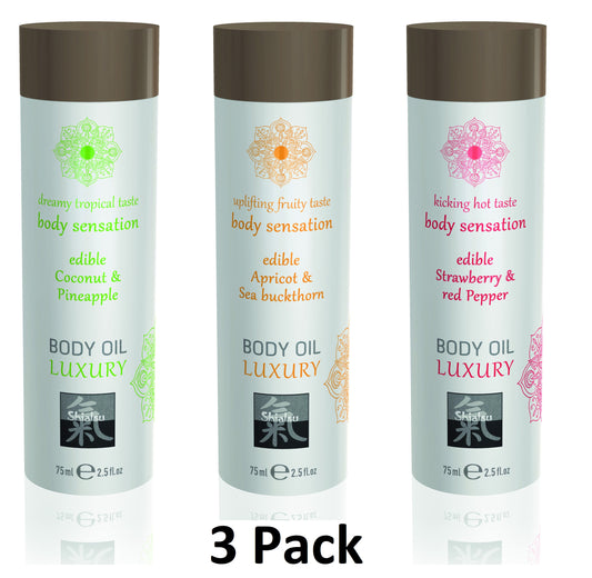 Shiatsu Luxury Body Oil Edible Coconut/Apricot/Strawberry 3x75ml - 3 Pack