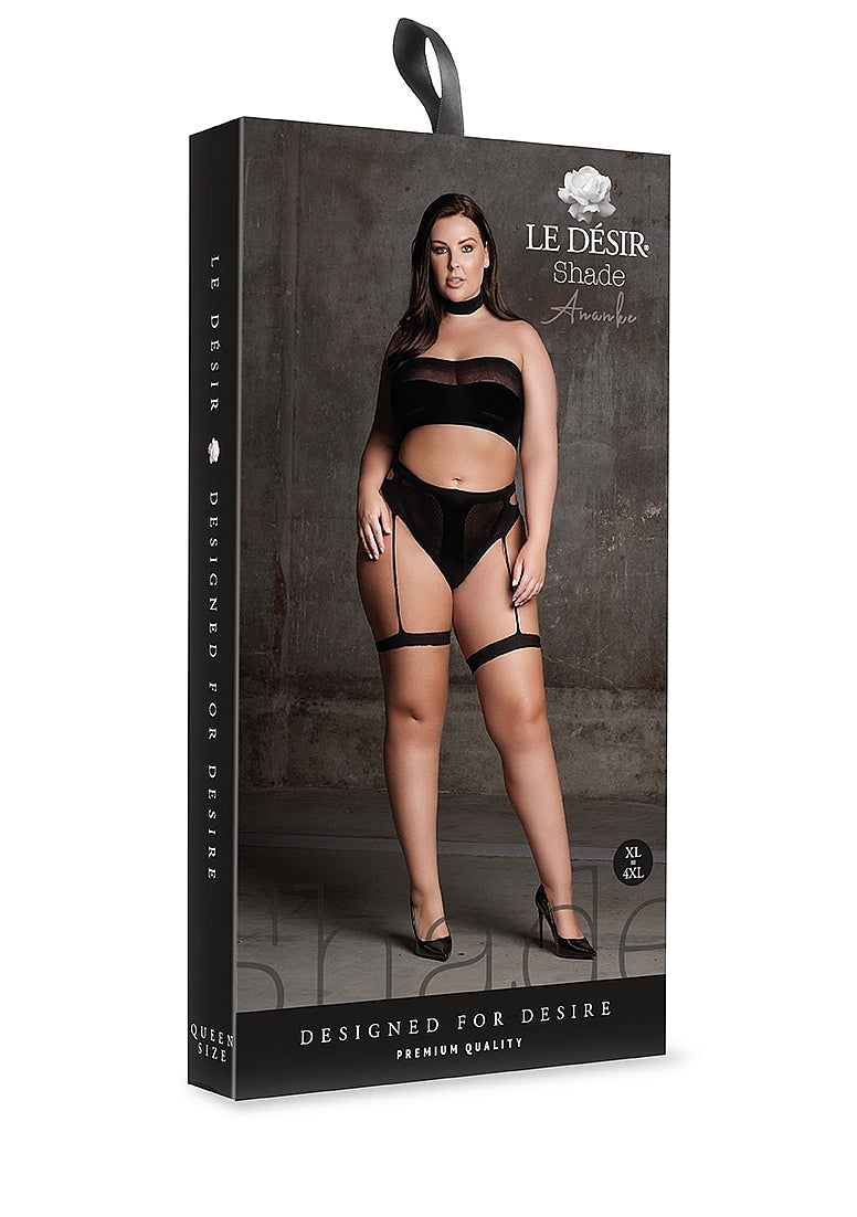 Le Desir Shade - Ananke XII - Three Piece with Choker, Bandeau Top and Pantie with Garters Black Size OSX