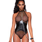 Dreamgirl Large Fishnet Corset-Style Halter Teddy with Attached Collar & Chain Leash Accent Black Size OS