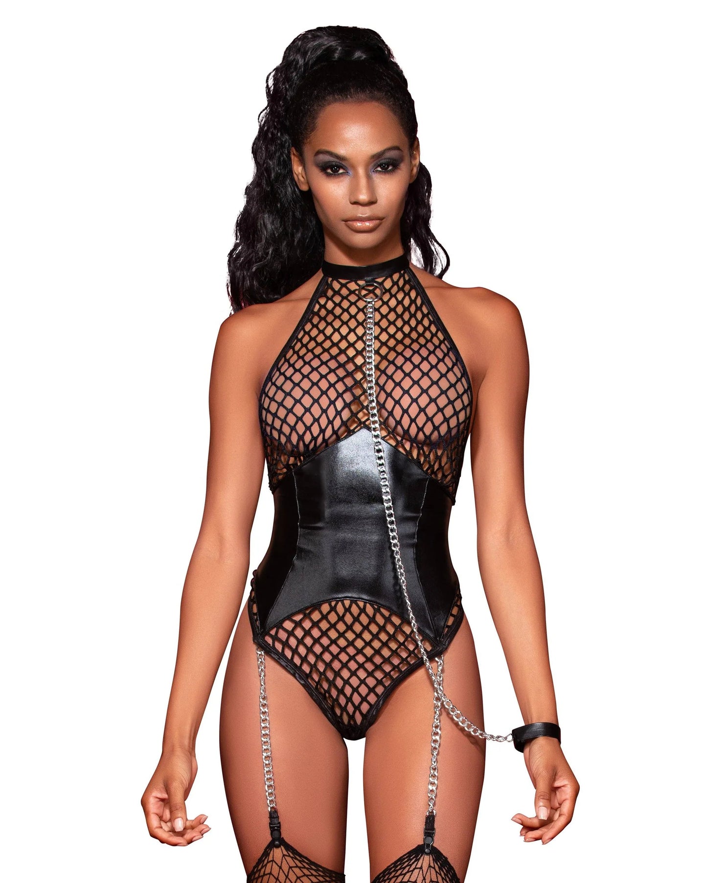 Dreamgirl Large Fishnet Corset-Style Halter Teddy with Attached Collar & Chain Leash Accent Black Size OS