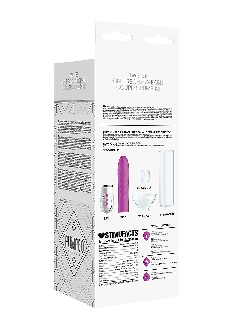 Shots Toys | Pumped Twister 4 in 1 Rechargeable Couples Pump Kit Purple