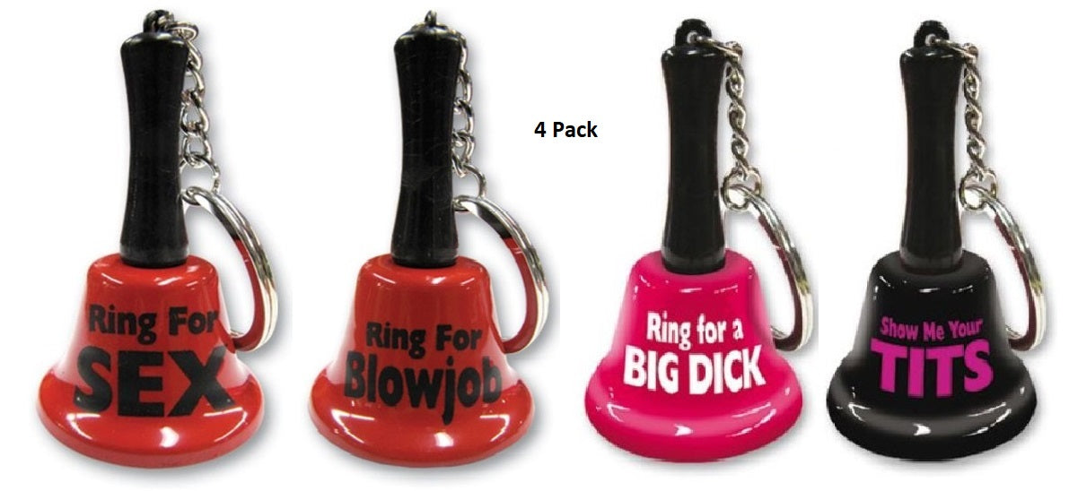 Ozze Creations | Ring For Sex+Big Dick+Blowjob+Tits Mini Bell Keychain - 4 Pack