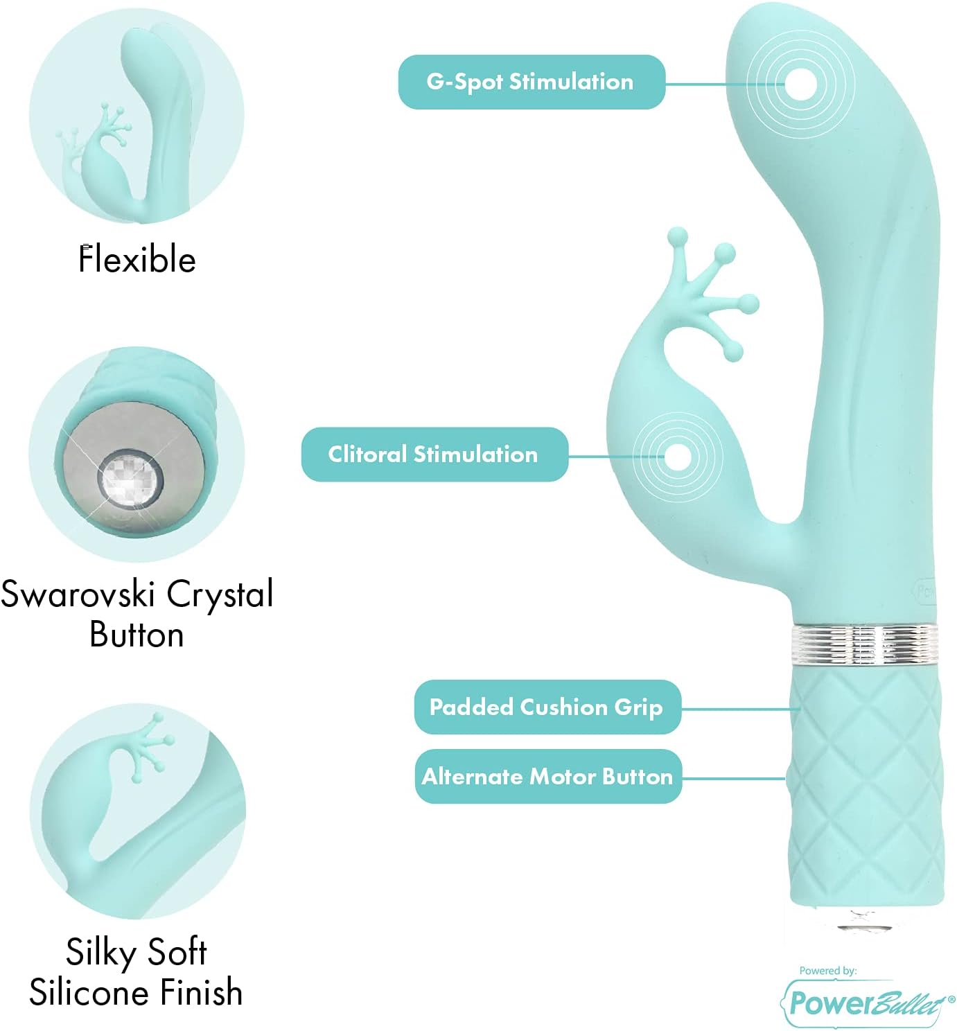 Pillow Talk Kinky Dual Massager Rabbit Vibrator w Swarovski Crystal Button Teal