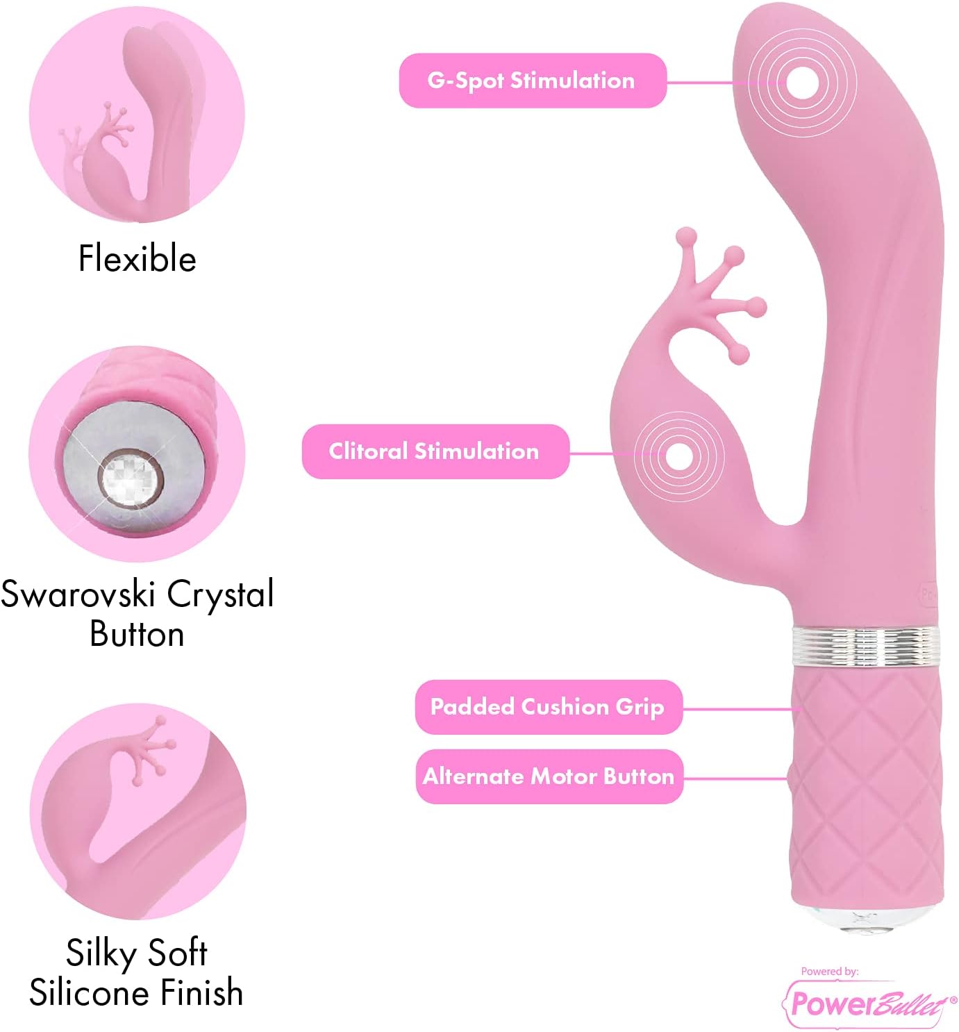 Pillow Talk Kinky Dual Massager Rabbit Vibrator w Swarovski Crystal Button Pink