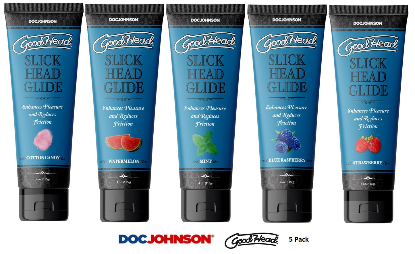 Doc Johnson GoodHead Slick Head Glide Cotton/Strawberry/Watermelon/Mint/Raspberry Lubricant 5x120ml - 5 Pack