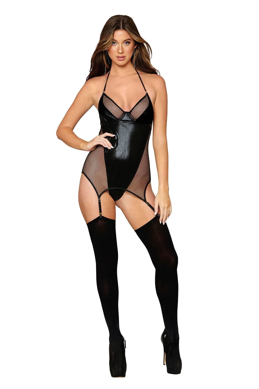 Dreamgirl Two-layer stretch fishnet garter slip with faux-vinyl inside teddy Black Size OS