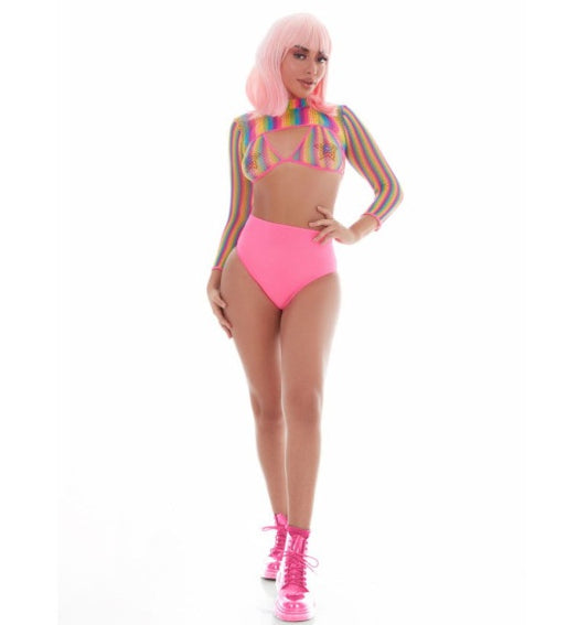 Pink Lipstick Rainbow Shrug Bikini Top Hot Pants Net Set incl Pasties Size OS