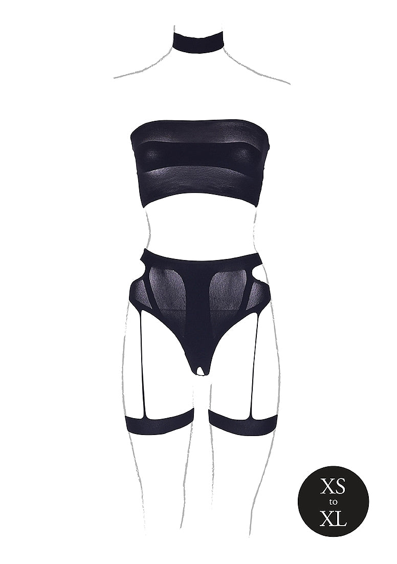 Le Desir Shade - Ananke XII - Three Piece with Choker, Bandeau Top and Pantie with Garters Black Size OS