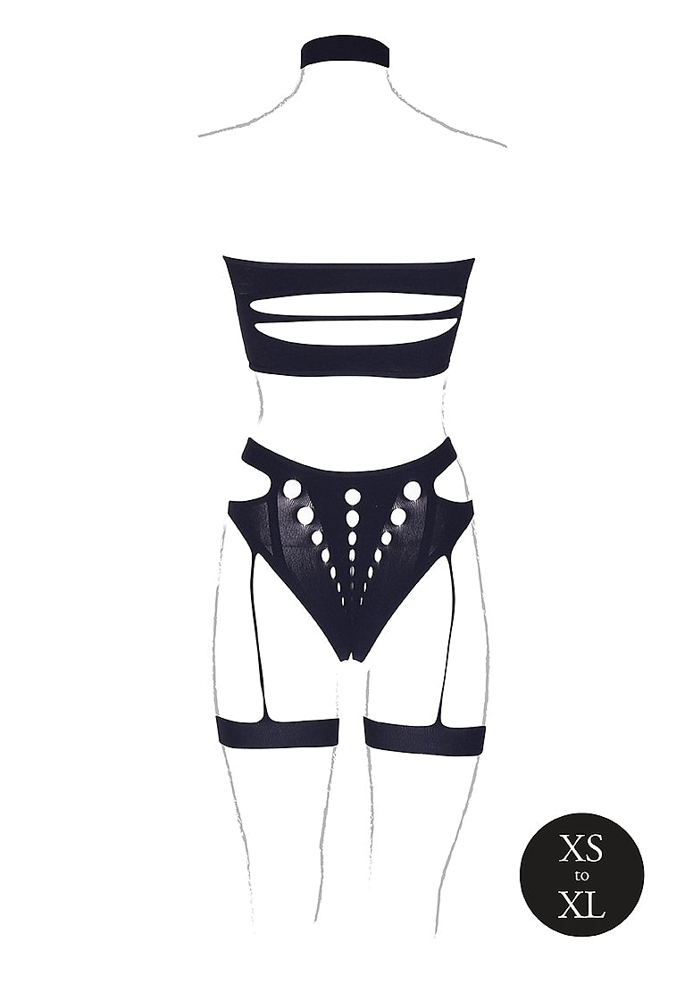 Le Desir Shade - Ananke XII - Three Piece with Choker, Bandeau Top and Pantie with Garters Black Size OS