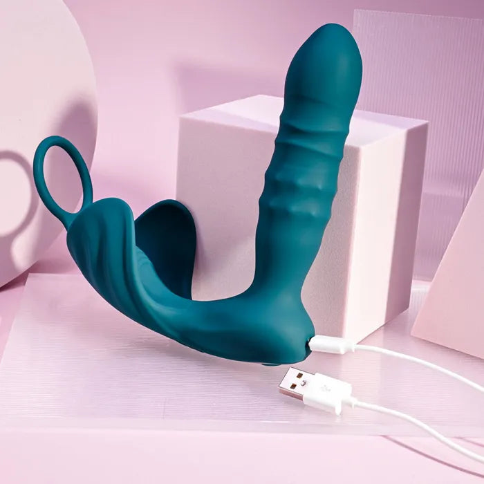 Playboy Pleasure BRING IT ON Teal USB Rechargeable Thrusting Anal Plug Cock Ring